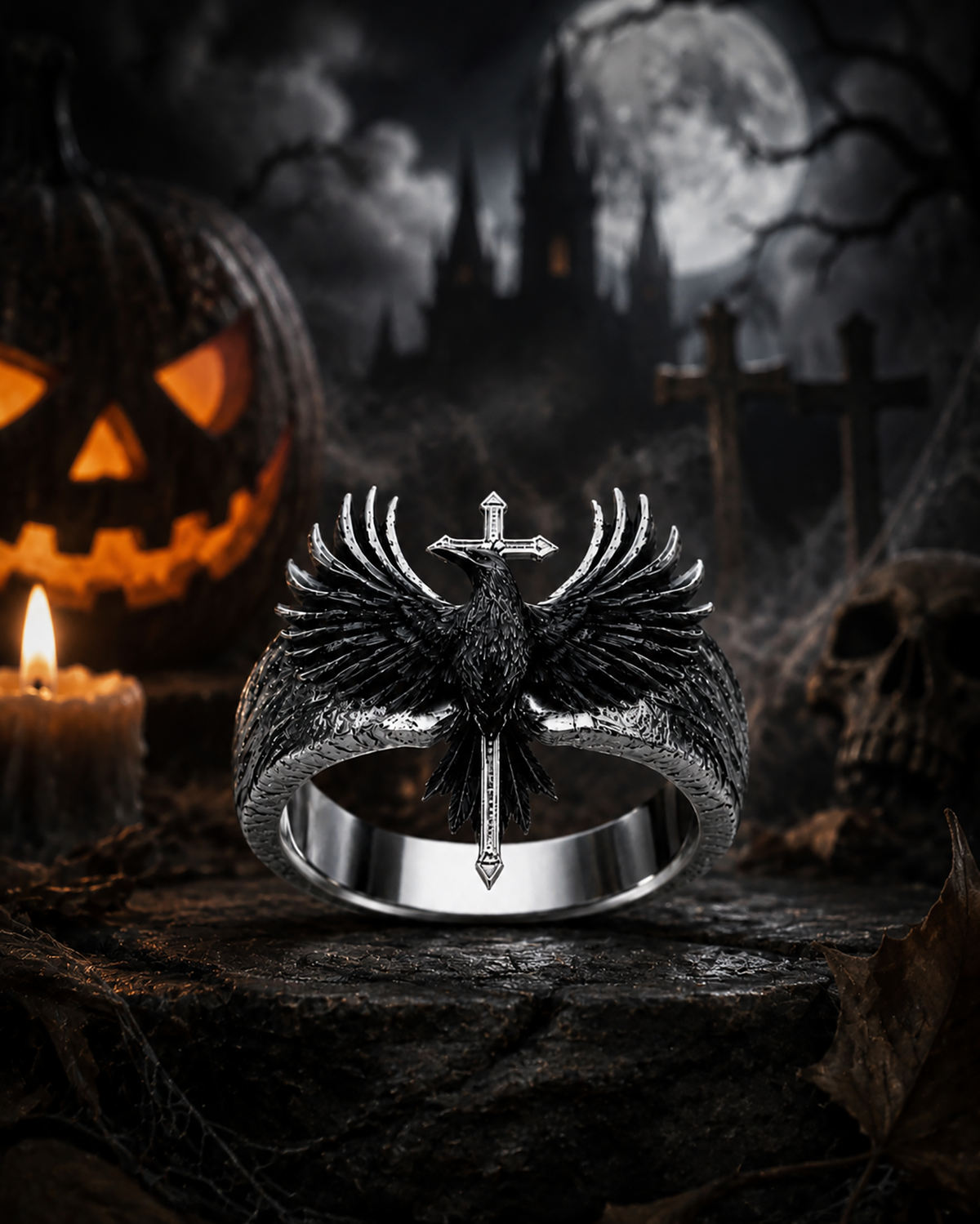 Kurga Atelier gothic raven statement ring set against a dark Halloween background with lit jack-o'-lanterns, candles, and misty cathedral ruins.