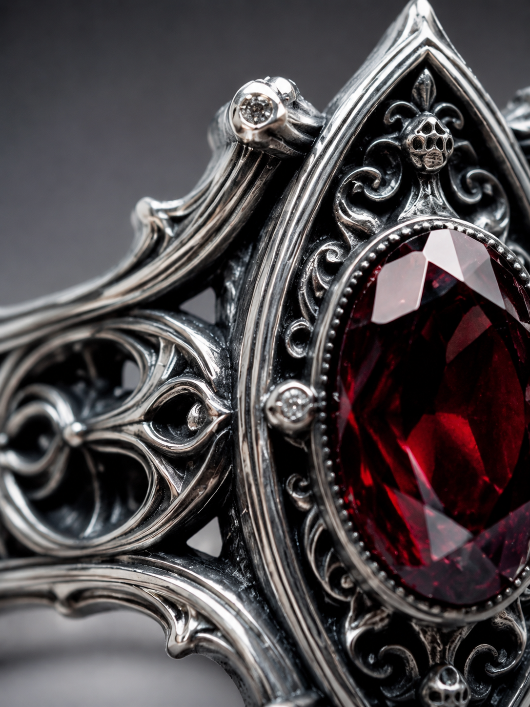 Kurga Atelier Gothic Ruby Silver Ring macro, exquisite hollow carving and deep ruby weave dark aesthetics.