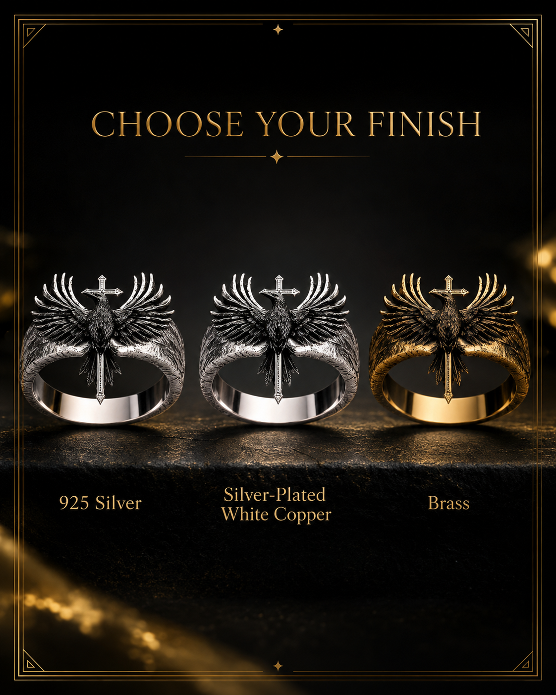 Kurga Atelier custom metal finishes menu displaying solid 925 sterling silver, silver-plated white copper, and brass options for the raven cross ring.