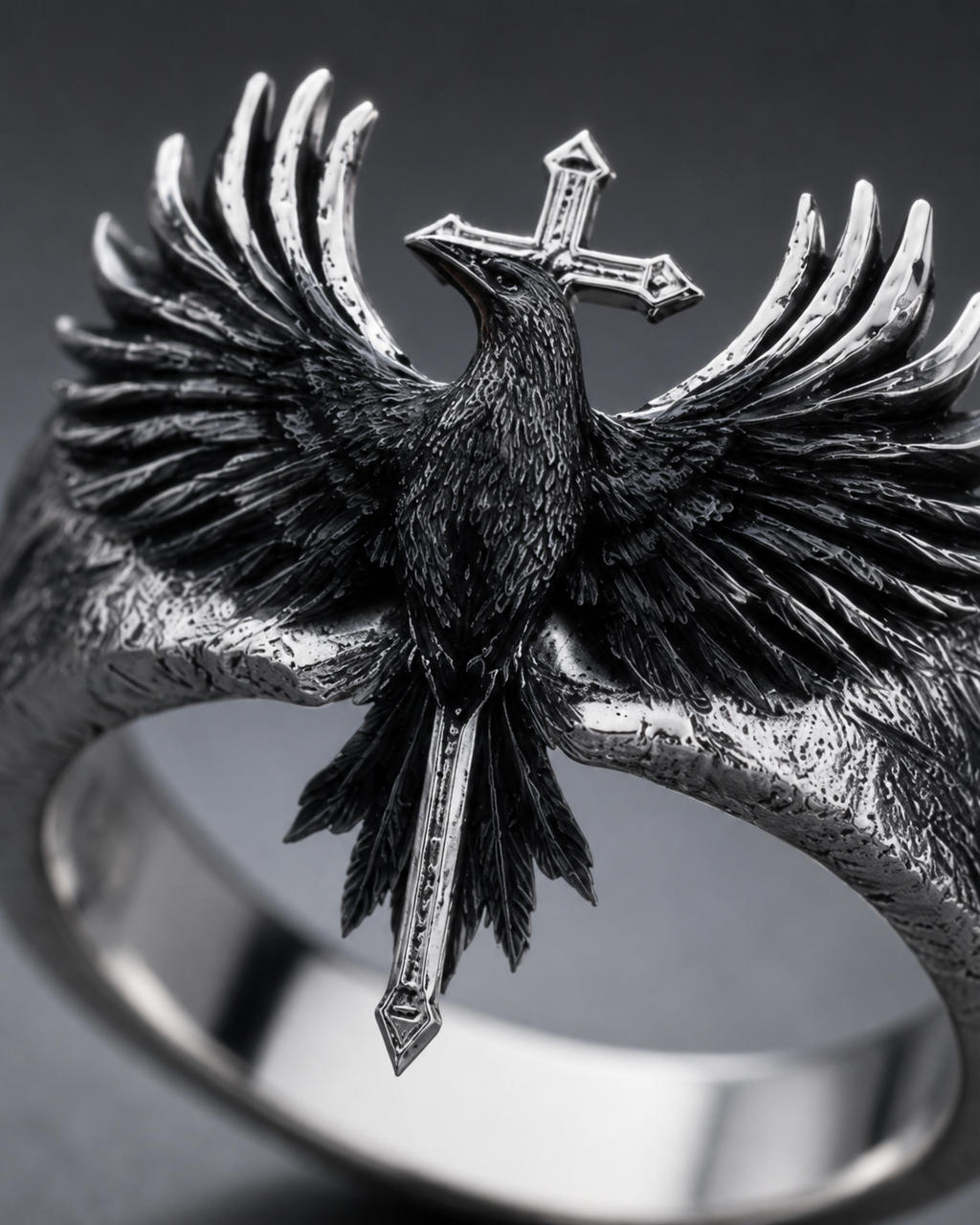 Macro close-up of the Kurga Atelier raven cross ring showing anatomical wing shafts, three-dimensional crucifix structure, and deep sulfur oxidation.