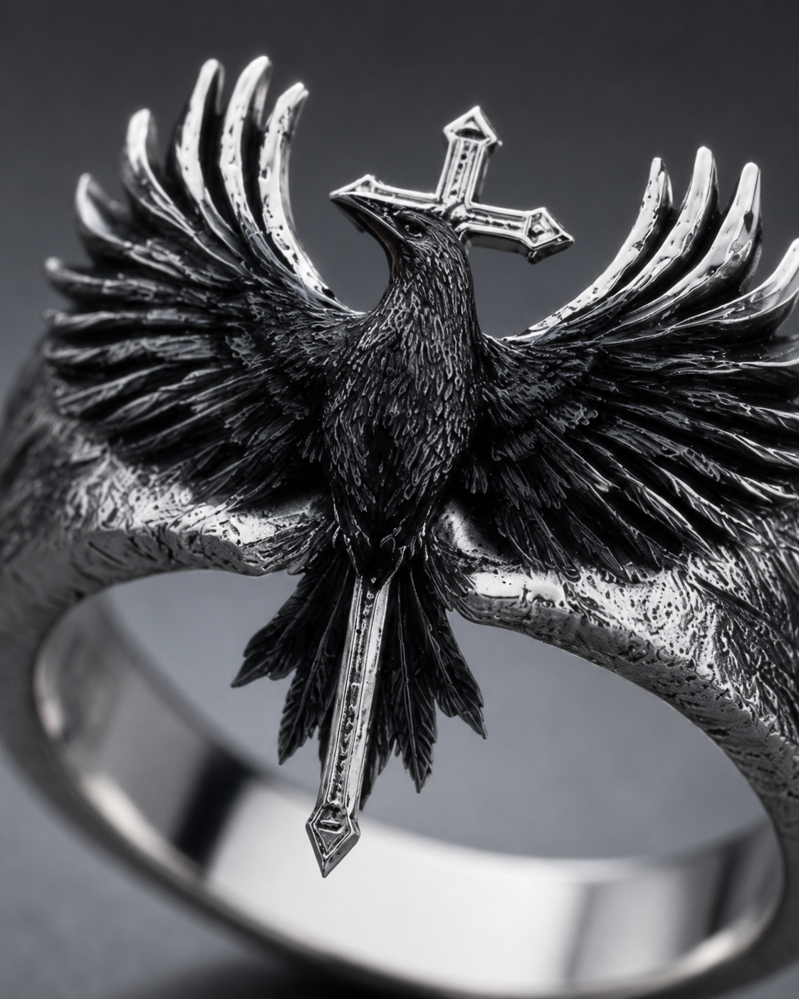Macro close-up of the Kurga Atelier raven cross ring showing anatomical wing shafts, three-dimensional crucifix structure, and deep sulfur oxidation.