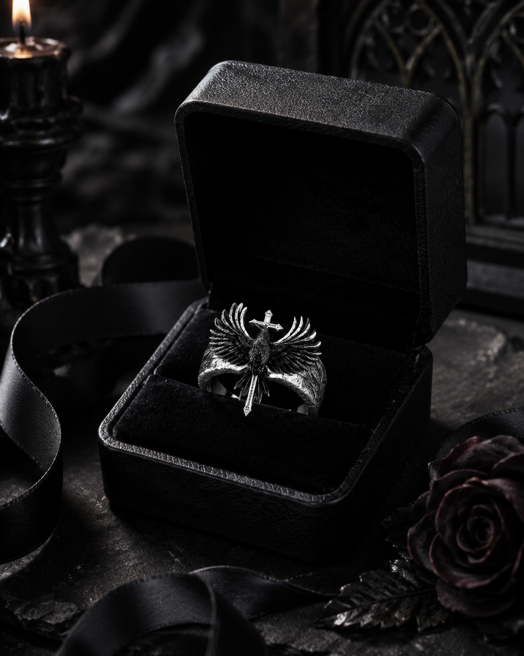 Kurga Atelier gothic raven cross ring resting inside a luxury black velvet gift box, surrounded by dark satin ribbons and candlelit shadows.