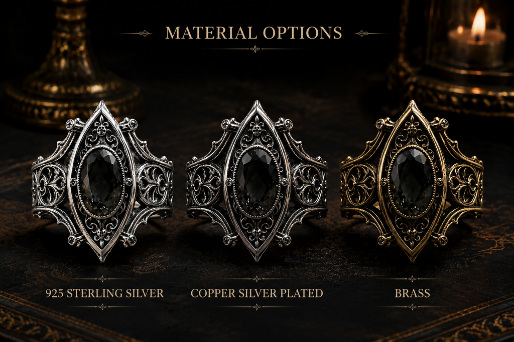Material variations guide by Kurga Atelier comparing 925 sterling silver, copper gold plated, and bronze finishes for alternative gothic jewelry.