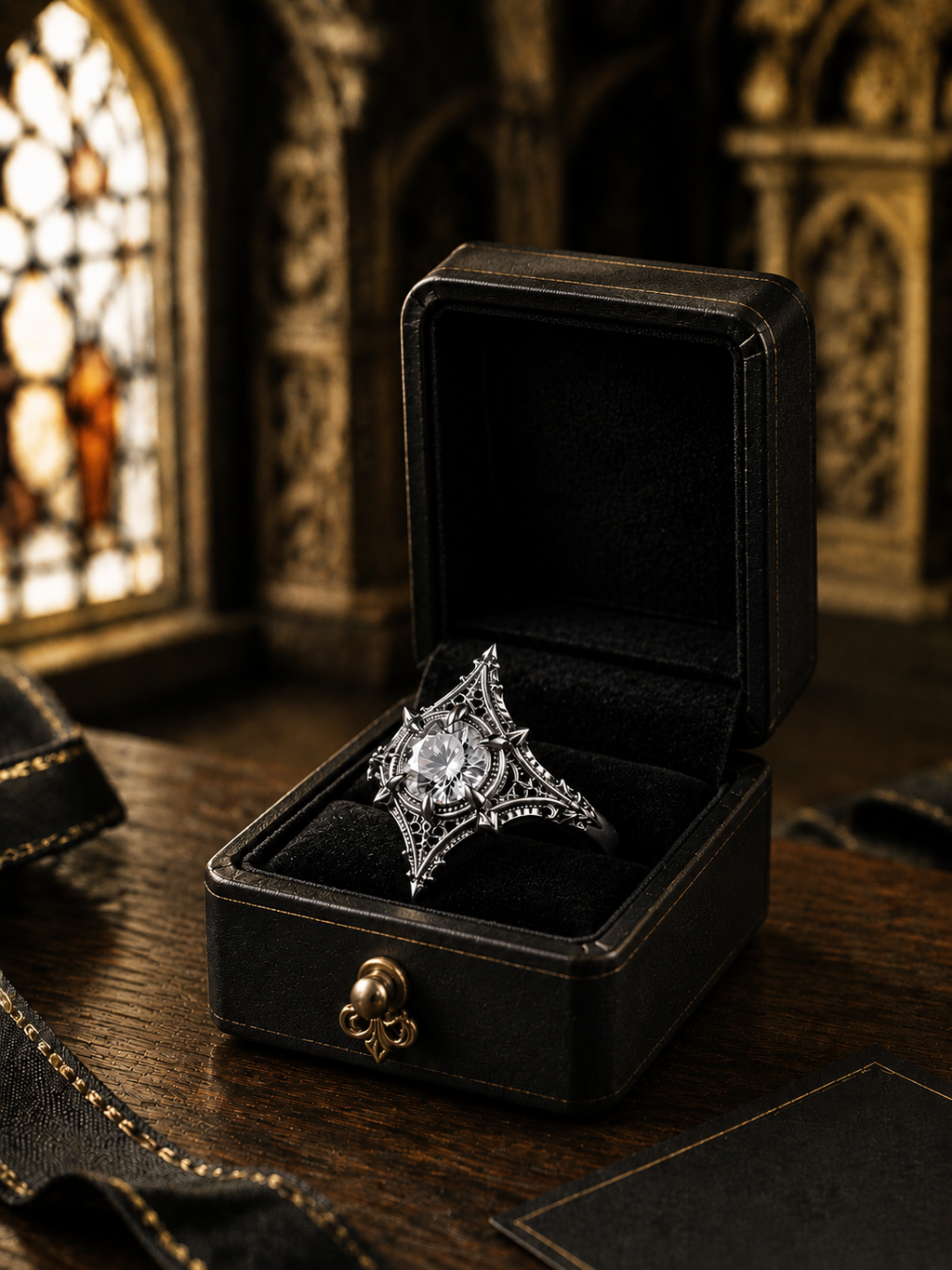 Gothic engagement ring displayed inside a dark velvet vintage jewelry ring box on a wooden table, perfect goth bride gift and alternative wedding ring.