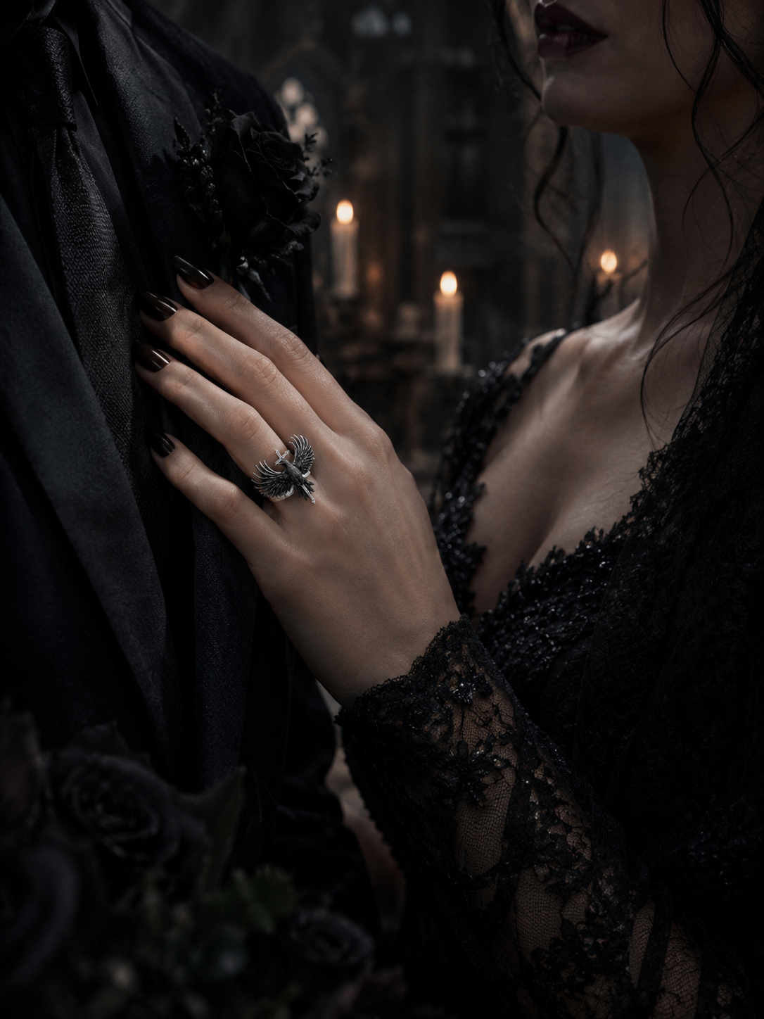 Kurga Atelier gothic raven ring worn on hand in a dark romance setting, featuring a lace gown, black velvet suit, and candlelit cathedral ambiance.