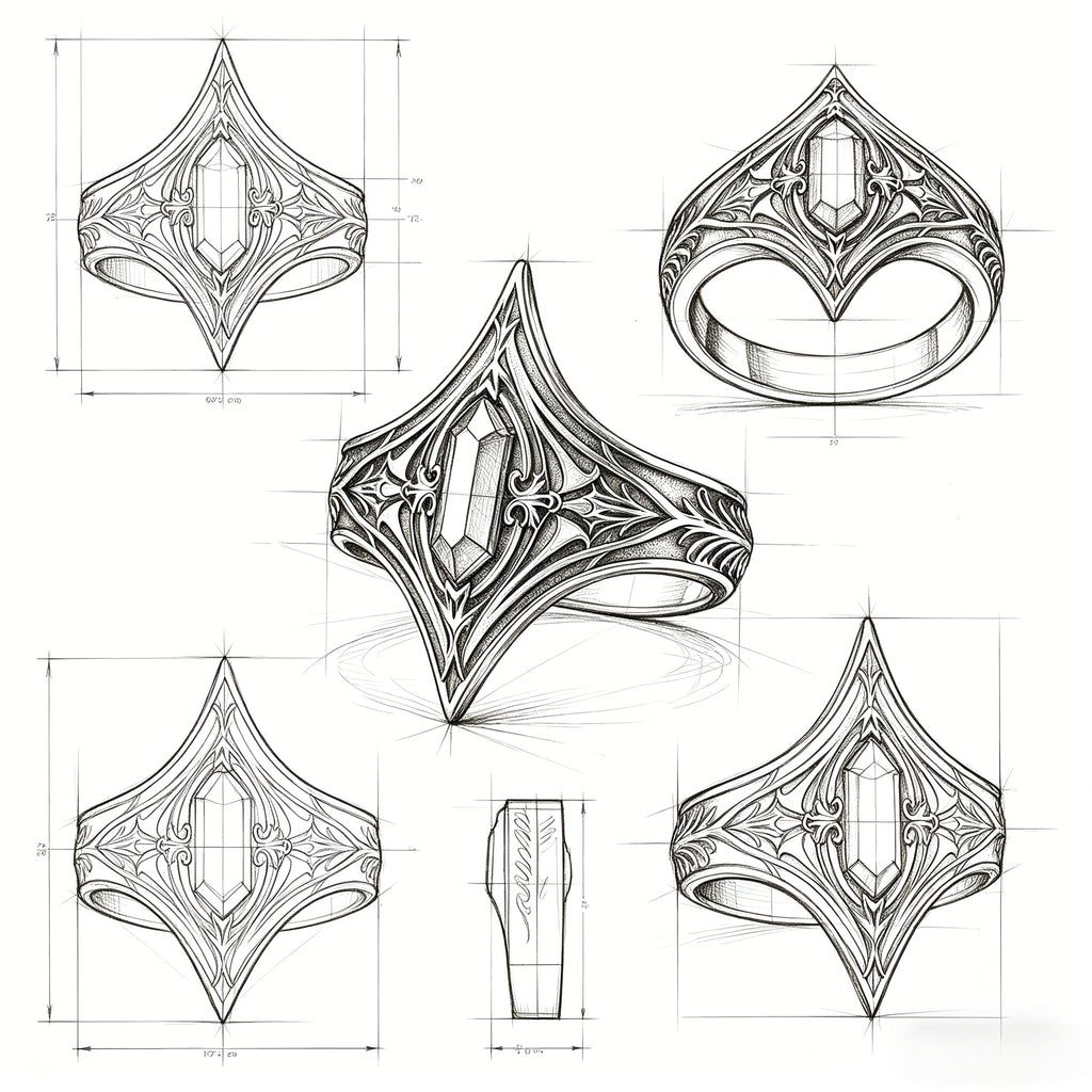 Design sketch and dimension chart for Kurga Atelier gothic cathedral armor ring showing 25.3mm crown height and intricate architectural details.
