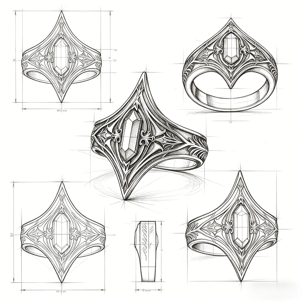 Design sketch and dimension chart for Kurga Atelier gothic cathedral armor ring showing 25.3mm crown height and intricate architectural details.