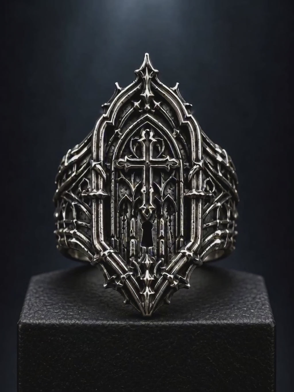 360 degree video showcase of Kurga Atelier gothic cathedral cross signet ring in sterling silver