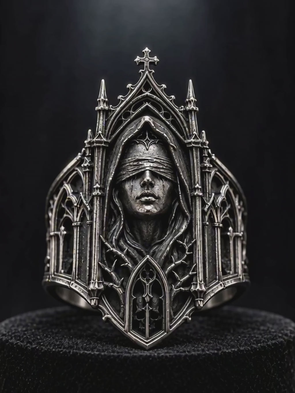 Kurga Atelier Gothic Cathedral Ring 360-degree showcase video – Detailed view of the oxidized silver vault and spires.