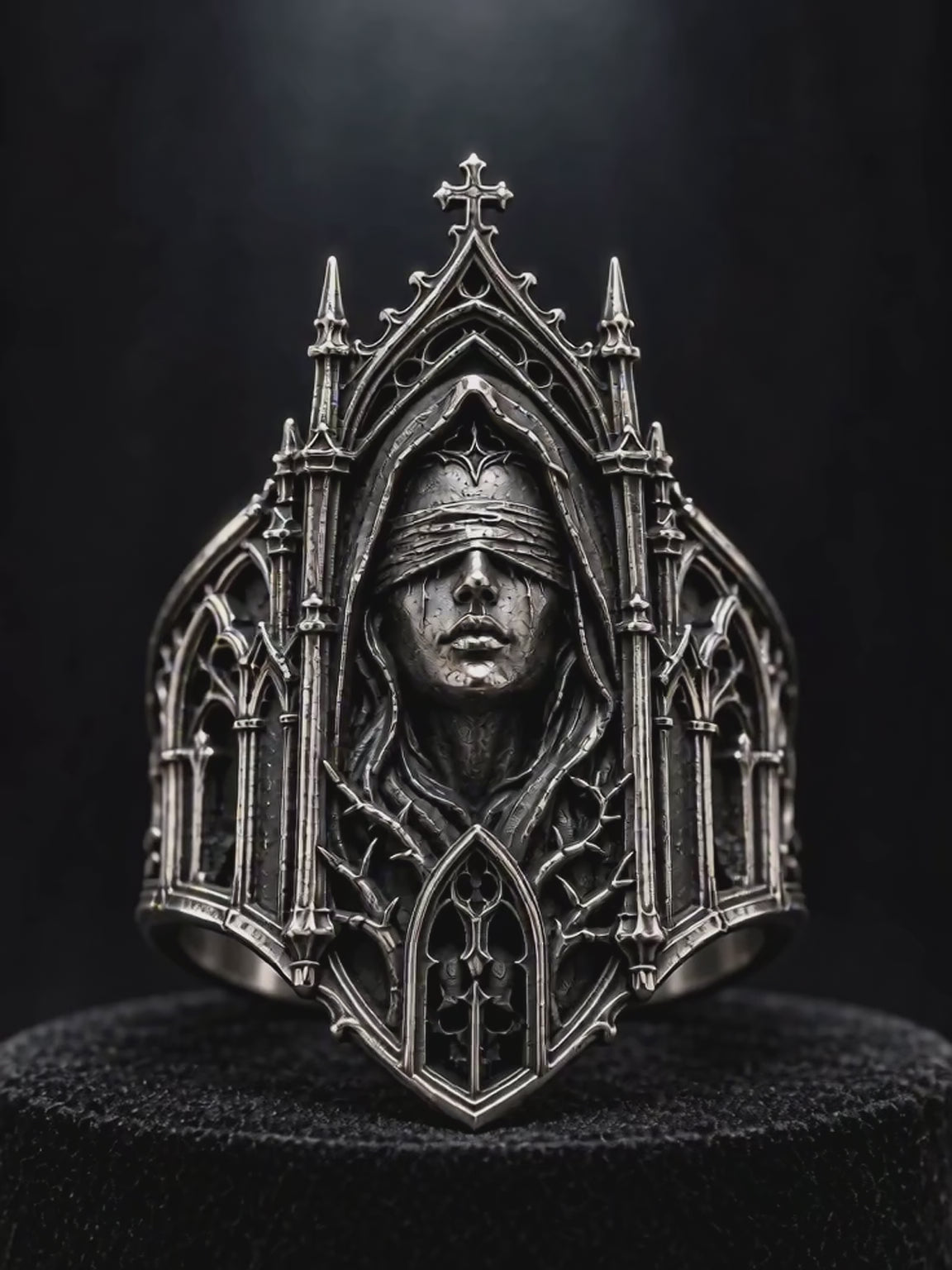 Kurga Atelier Gothic Cathedral Ring 360-degree showcase video – Detailed view of the oxidized silver vault and spires.