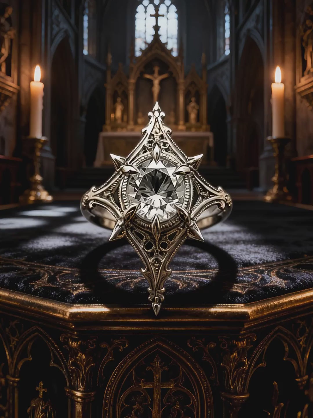 Video showcasing a gothic moissanite ring set in a cathedral setting with candlelight, displaying dark academia aesthetics and intricate alternative wedding jewelry detail.