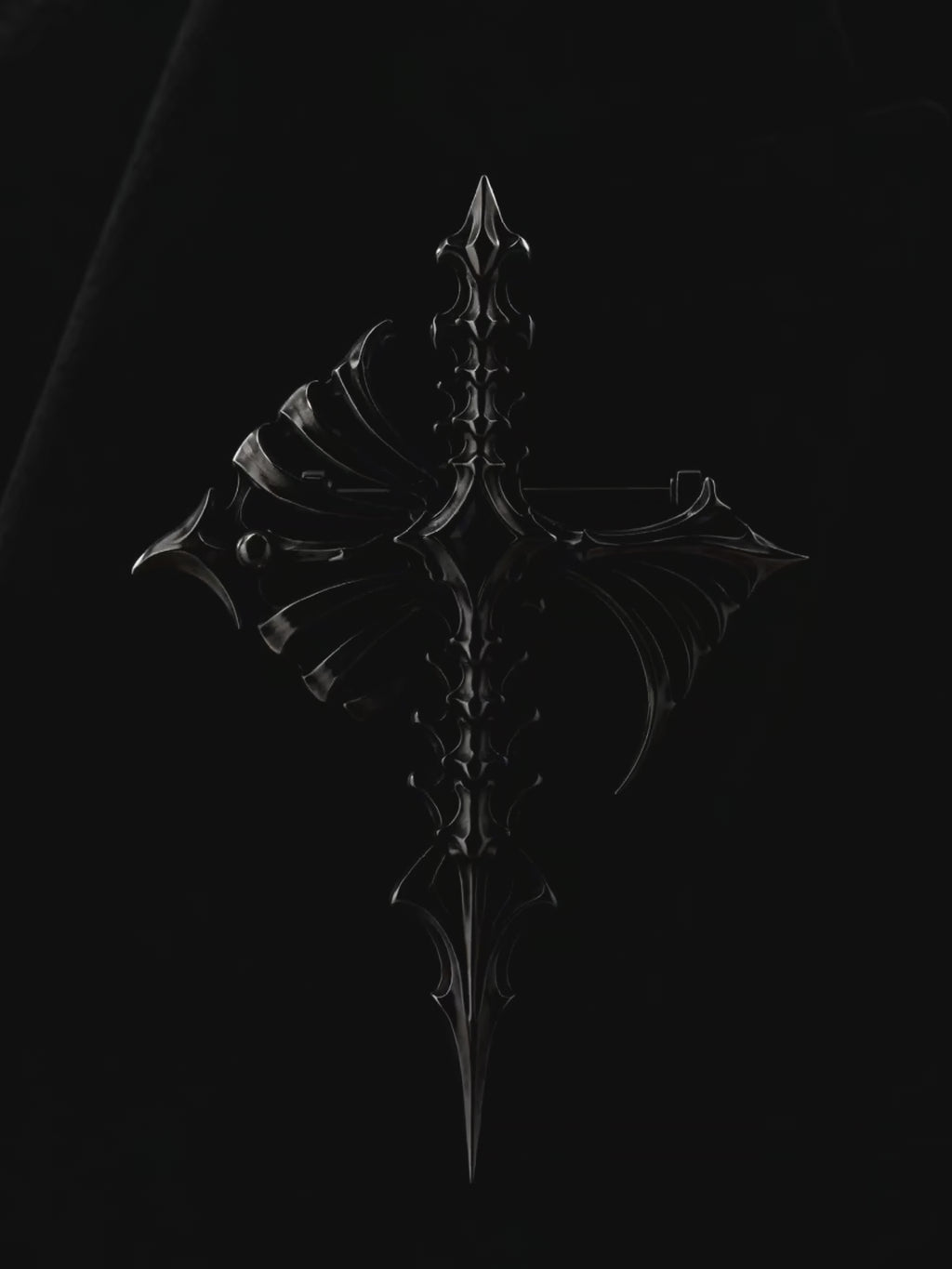360-degree video showcase of Kurga Atelier 925 sterling silver skeletal cross brooch with black onyx gemstone highlighting high-contrast oxidation and oxidized silver textures.