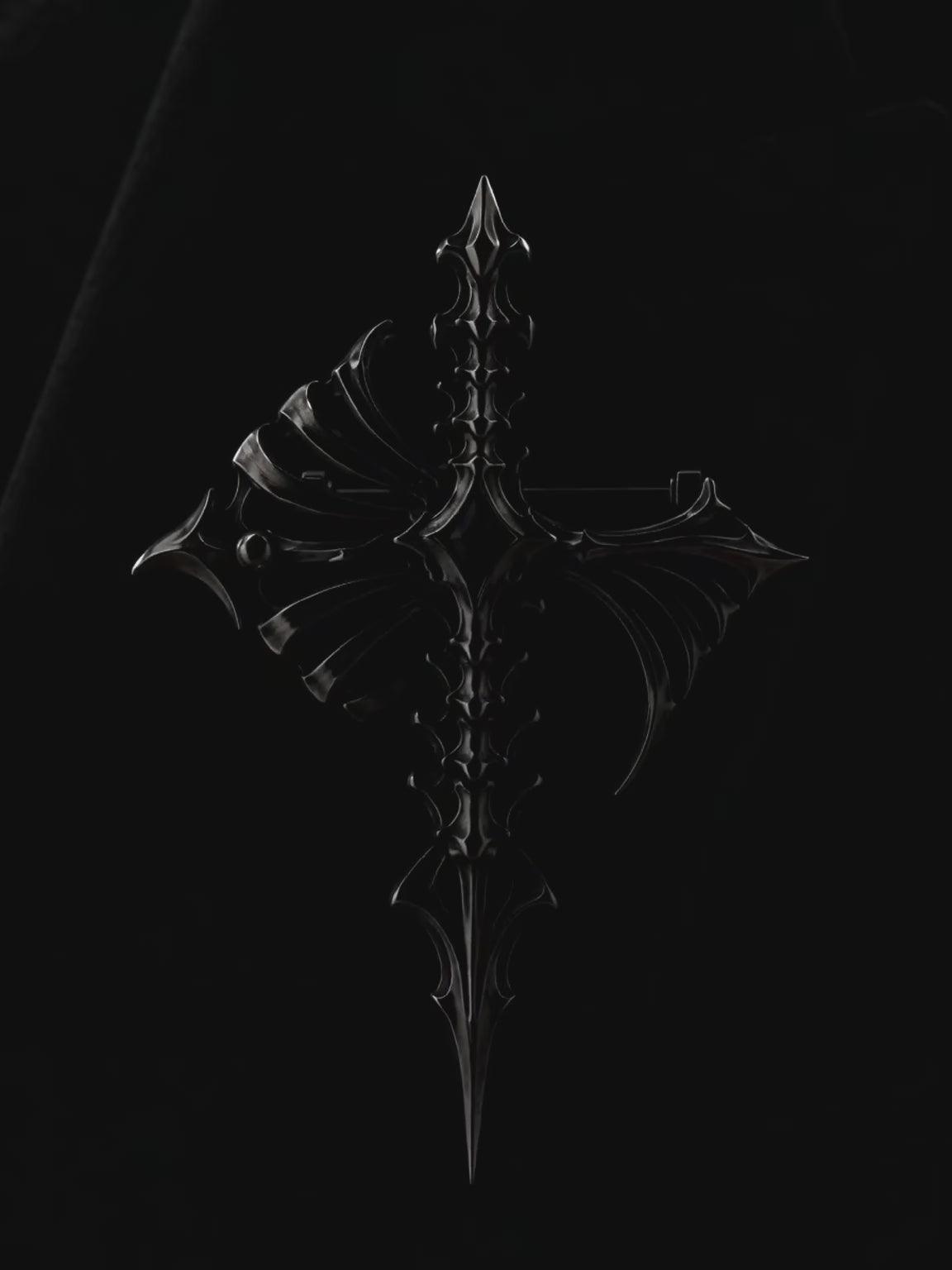 360-degree video showcase of Kurga Atelier 925 sterling silver skeletal cross brooch with black onyx gemstone highlighting high-contrast oxidation and oxidized silver textures.