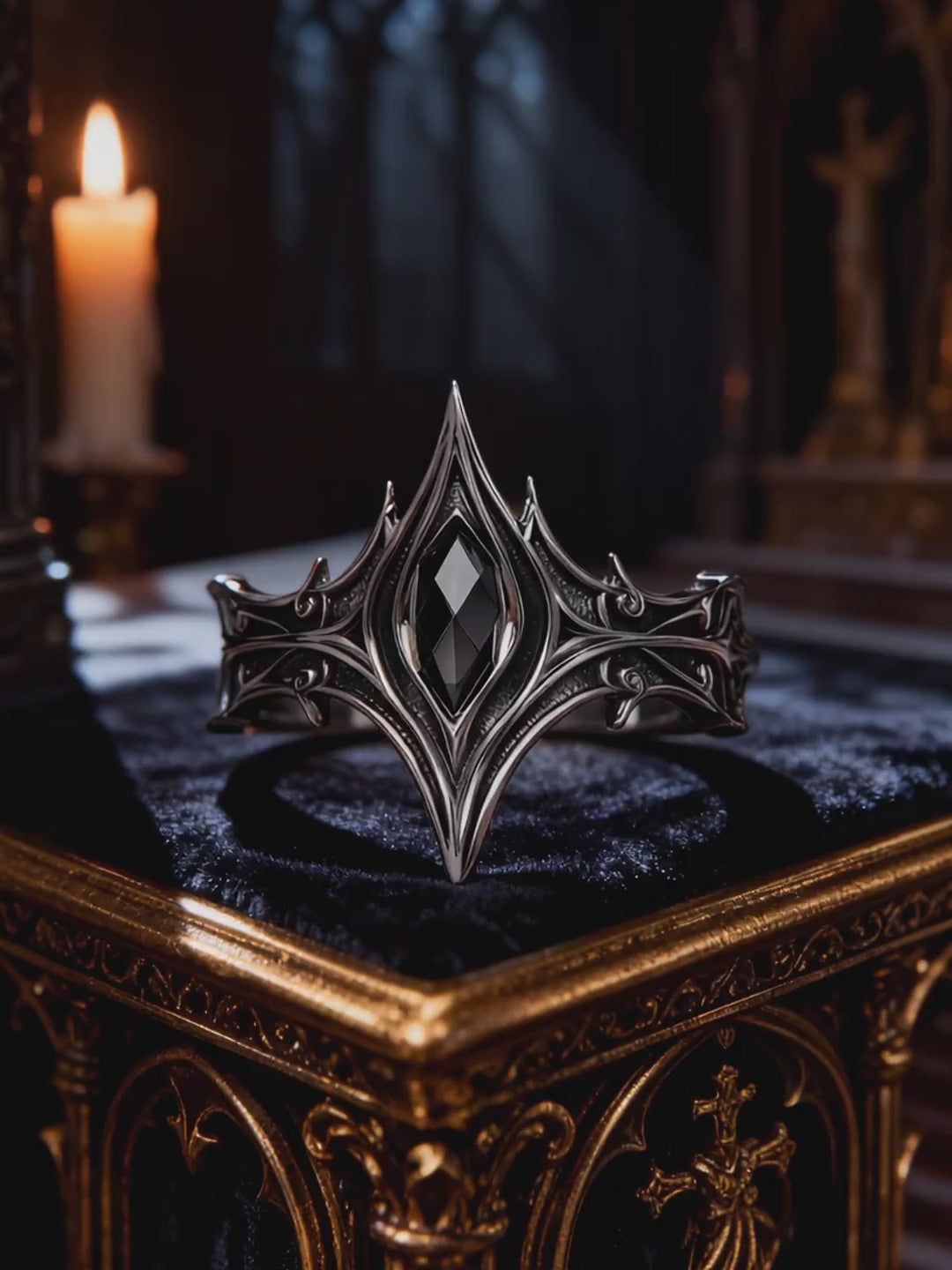 Video detail of Kurga Atelier gothic cathedral arch ring featuring handcrafted oxidized sterling silver architectural band and marquise black gemstone setting.