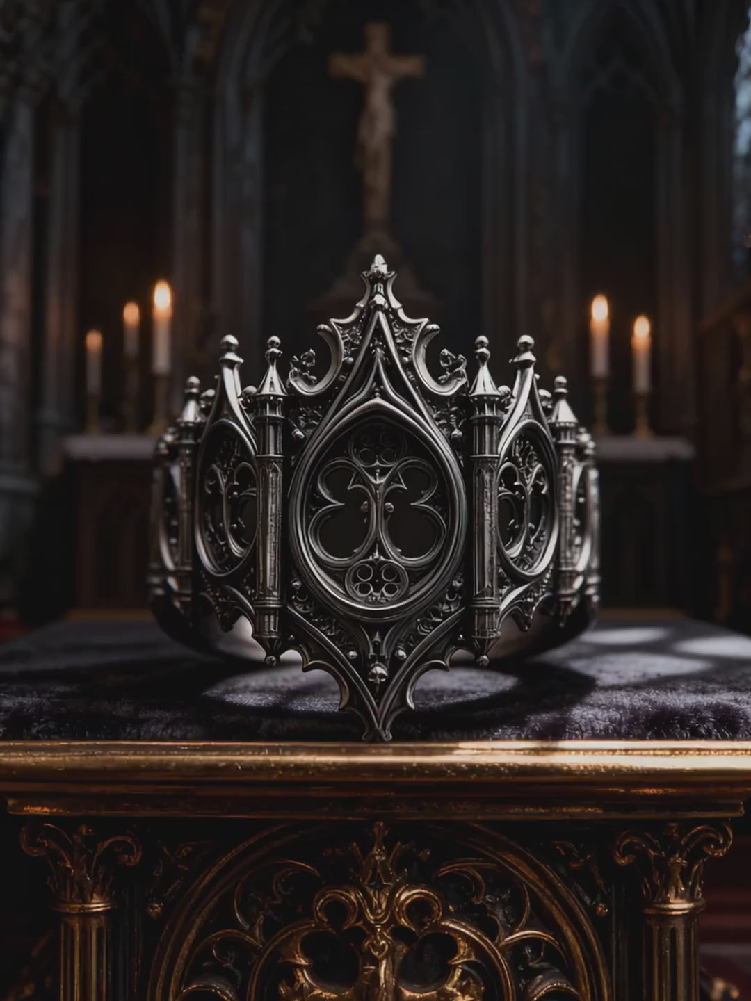 Kurga Atelier handcrafted oxidized silver gothic cathedral ring displayed in a moody medieval gothic church background.