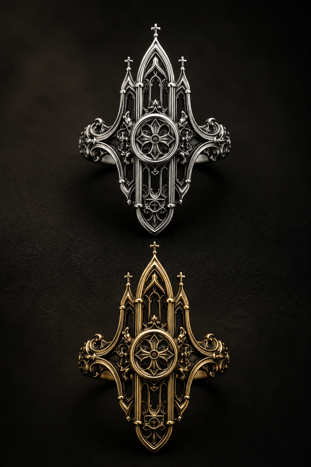Material comparison of the Gothic cathedral architecture ring by Kurga Atelier in oxidized sterling silver and antique gold finish. Unique rings choice for gothic romance and vampire aesthetic lovers.