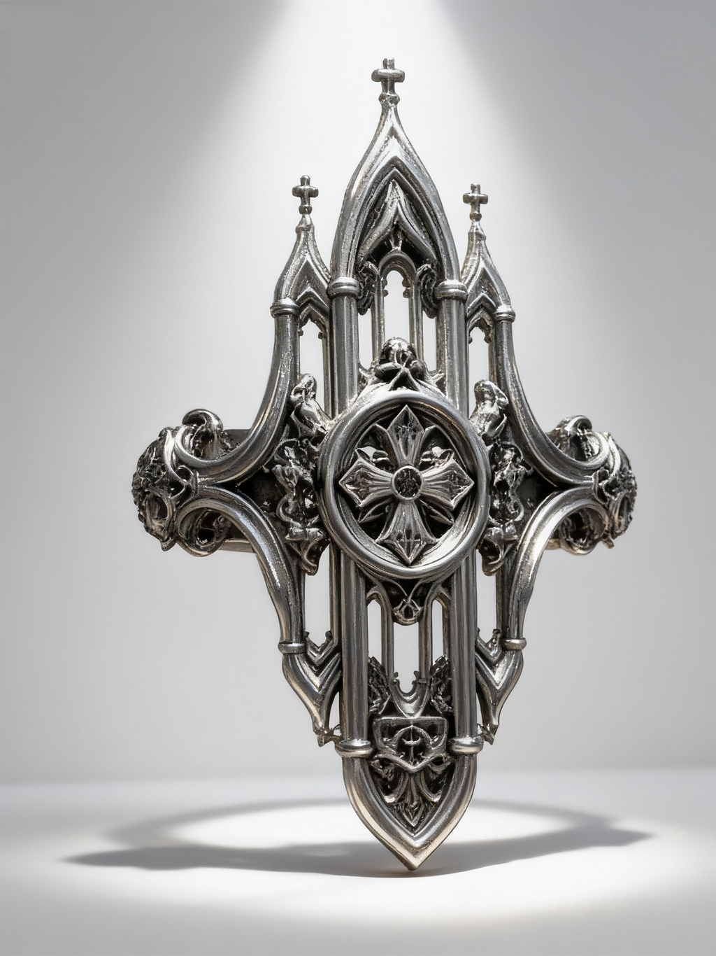 Frontal view of the Gothic cathedral architecture ring by Kurga Atelier. Features symmetrical church arches, filigree tracery, and a central cross charm in oxidized sterling silver on a minimalist studio background.