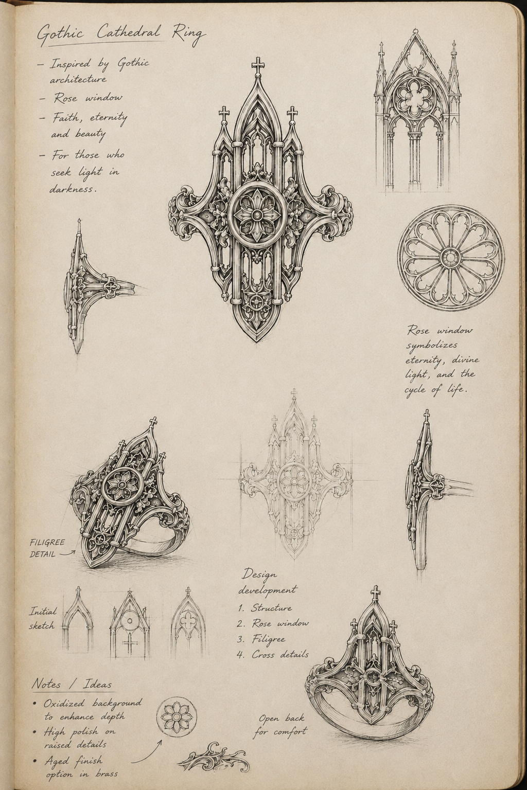 Hand-drawn architectural design sketch page for Kurga Atelier Gothic cathedral ring. Illustrates gothic church arches, spires, tracery windows, and cross motifs in vintage field notes style.