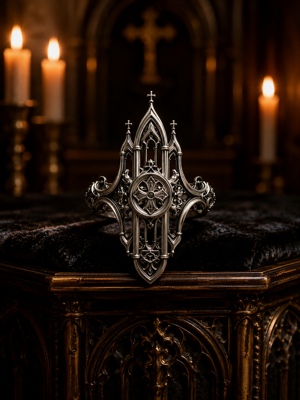 Gothic cathedral architecture ring by Kurga Atelier displayed on a dark velvet altar with burning candles. Features sterling silver spires, window tracery, and a cross emblem for a dark academia witchy goth aesthetic.