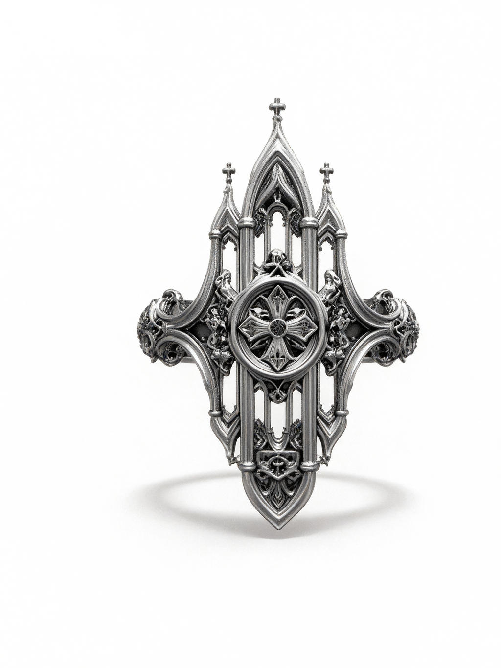 Clean studio front view of Kurga Atelier Gothic cathedral architecture ring. Showcases symmetrical filigree church spires and center cross charm badge in heavy oxidized silver on neutral background.