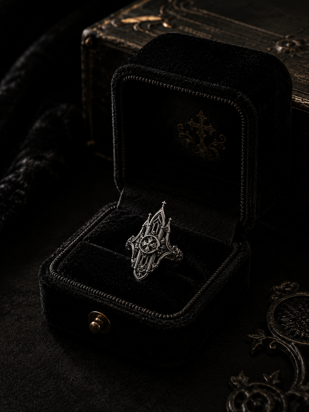 Kurga Atelier Gothic cathedral architecture ring presented in a premium black velvet jewelry gift box. Perfect dark academia gift for her, gothic wedding ring, or memento mori jewelry gift.