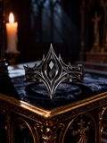 Gothic cathedral spire ring in 925 sterling silver set with a marquise black onyx on a velvet altar, handcrafted alternative engagement jewelry by Kurga Atelier.