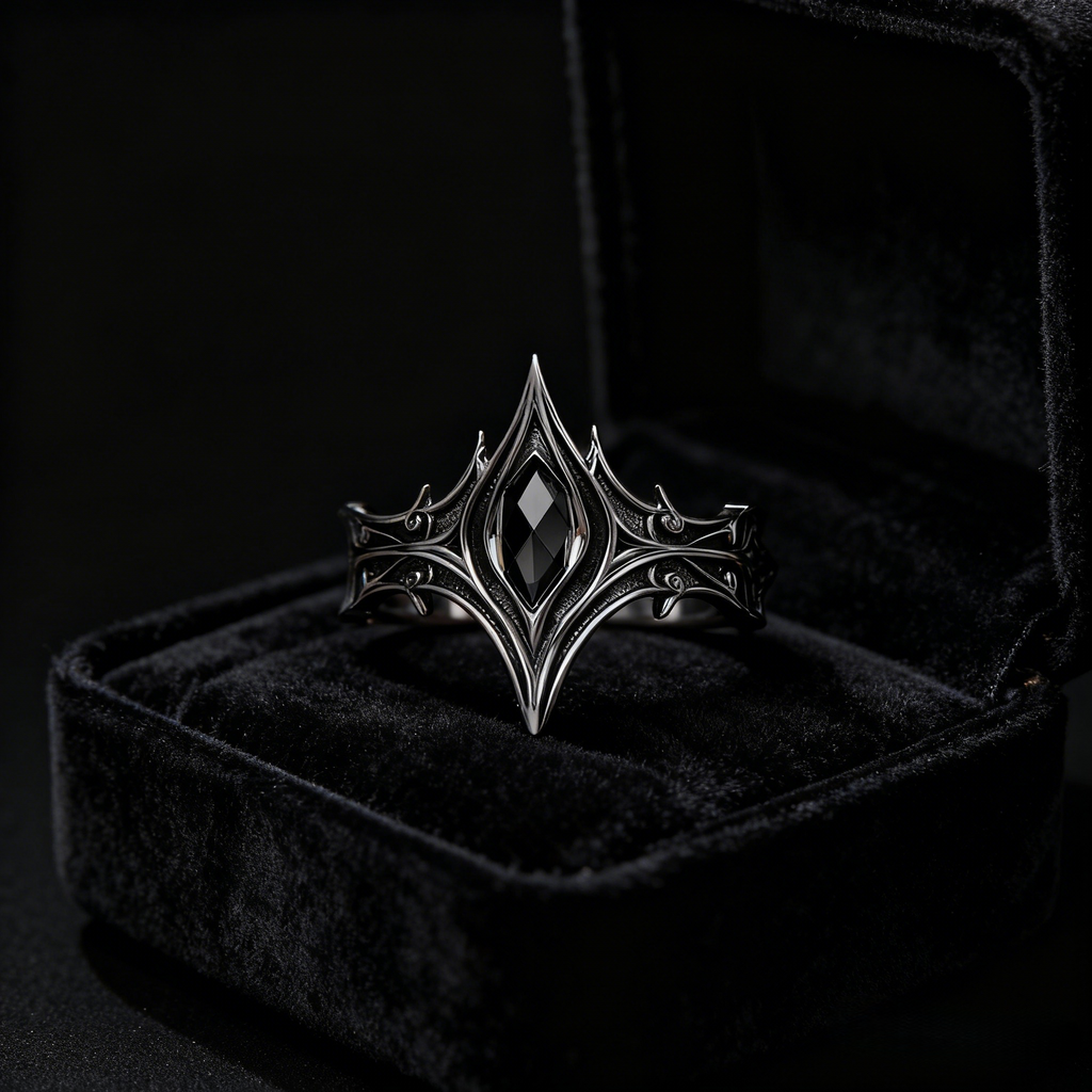 Kurga Atelier gothic cathedral spire engagement ring presented in a signature black velvet jewelry gift box, ideal dark academia anniversary gift for her.