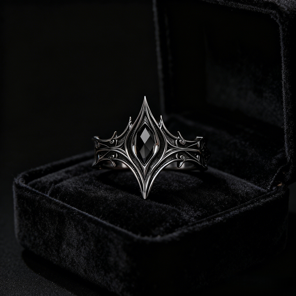 Kurga Atelier gothic cathedral spire engagement ring presented in a signature black velvet jewelry gift box, ideal dark academia anniversary gift for her.