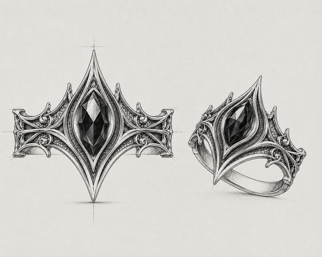 Hand-drawn architectural design sketch and vector illustration of gothic cathedral spire crown ring, showcasing original jewelry design by Kurga Atelier.