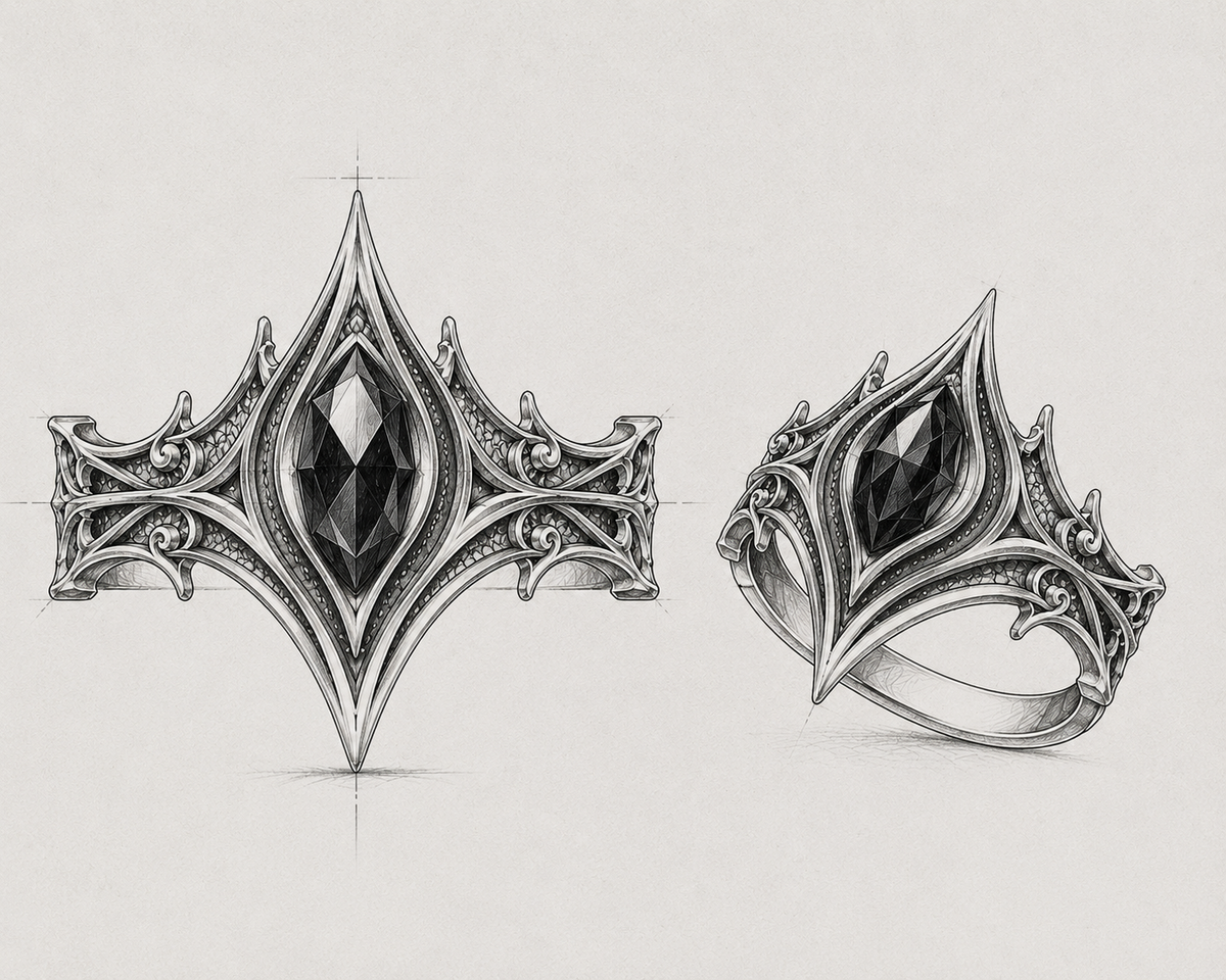 Hand-drawn architectural design sketch and vector illustration of gothic cathedral spire crown ring, showcasing original jewelry design by Kurga Atelier.