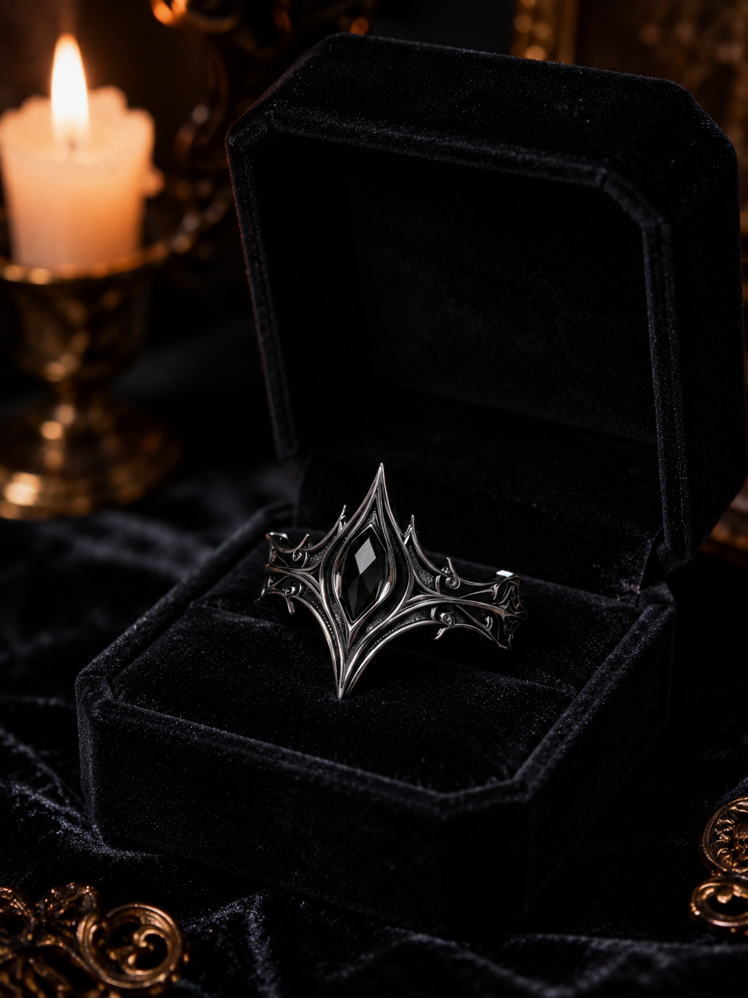 Kurga Atelier sterling silver gothic crown ring in a black velvet box set against a dark candlelit cathedral background, gothic wedding jewelry.