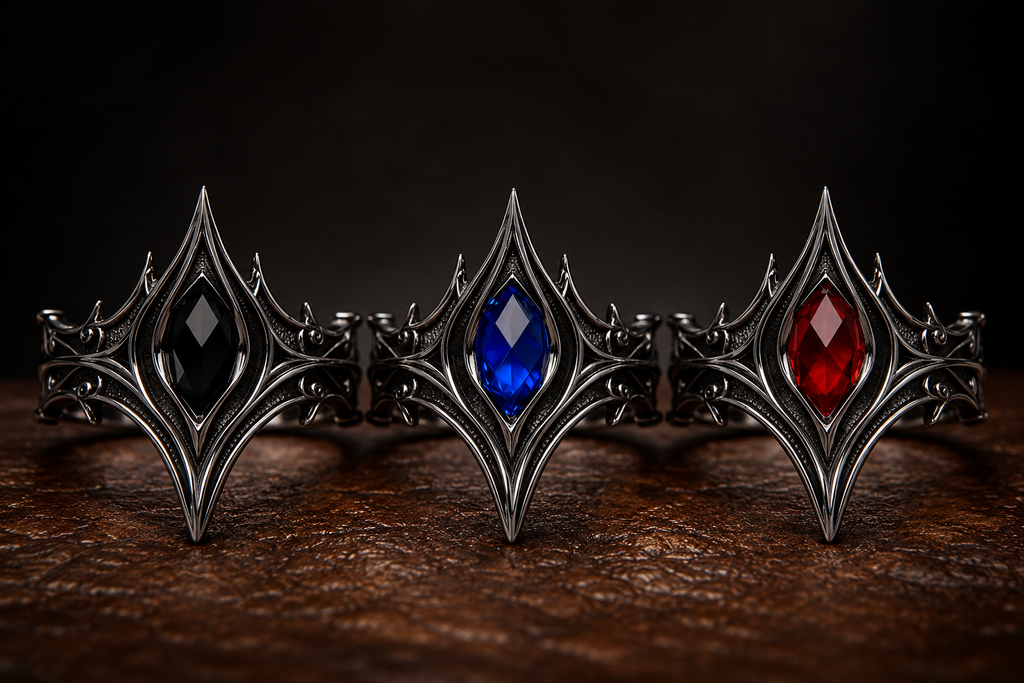 Kurga Atelier gothic cathedral spire rings styled with black onyx, blue sapphire, and red ruby marquise gemstones in oxidized silver, color options.